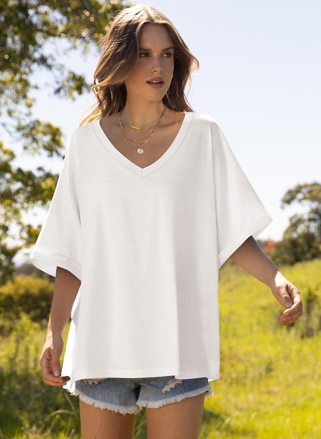 UEU Womens Summer Tops V Neck Short Sleeve Loose Fitting Gym Yoga Shirts Medium Milky White - Image 3